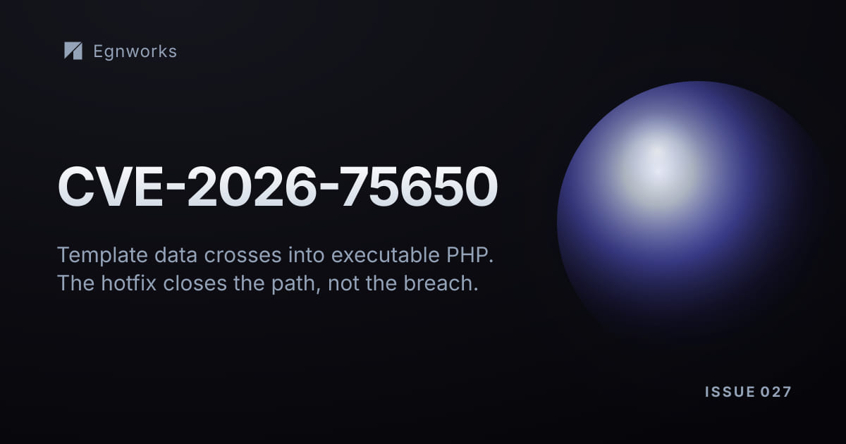 A dark Egnworks security banner representing malicious style data crossing into Magento template execution.